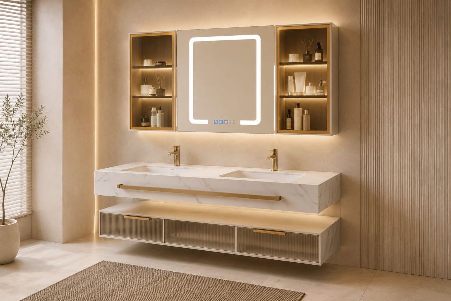 Modern beige two tier vanity with storage space