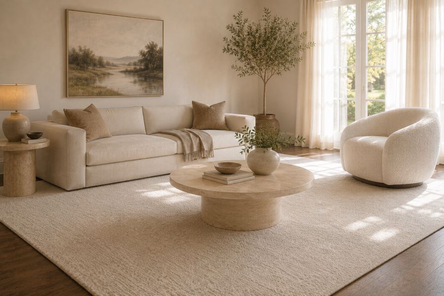 Wool rug under round travertine coffee table