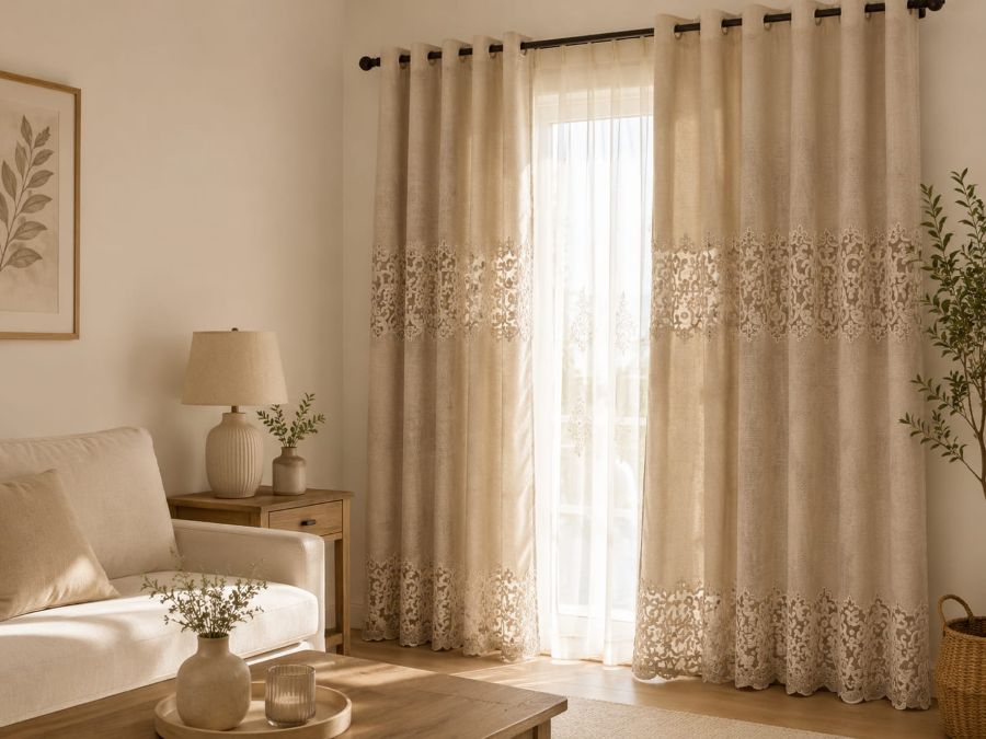 modern beige curtains with embriodery and elegant look
