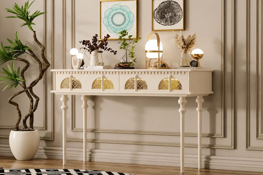 Vintage inspired console table with fluted legs