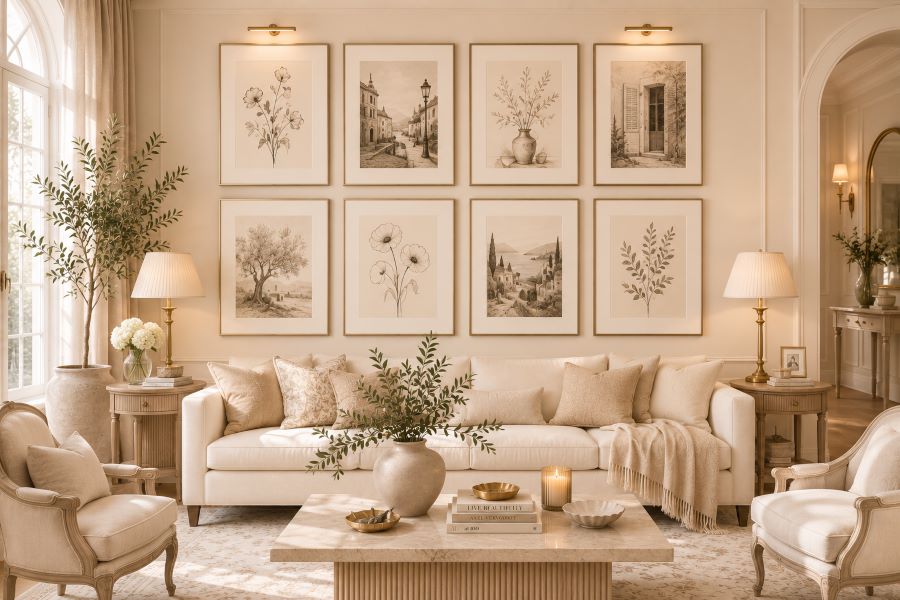 Gallery design with vintage inspired art 