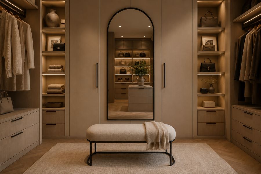 Full-length arched mirror walk-in closet styling