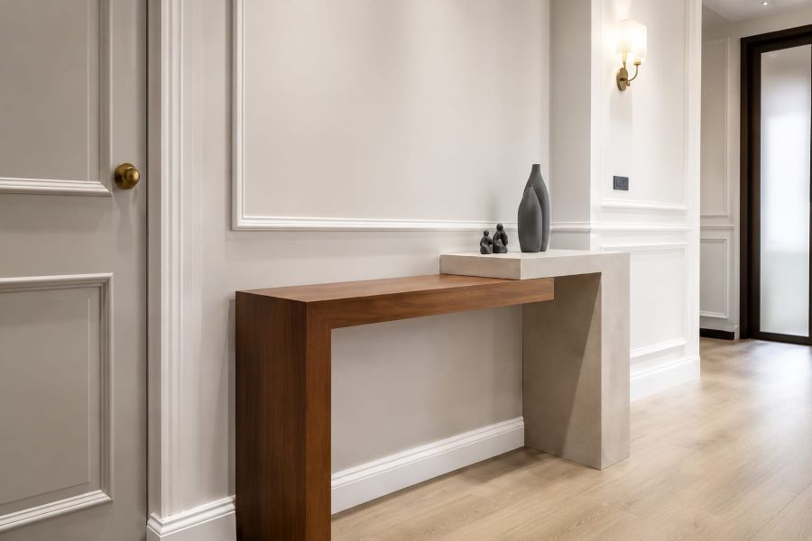 walnut waterfall edge console table for modern hallway decor