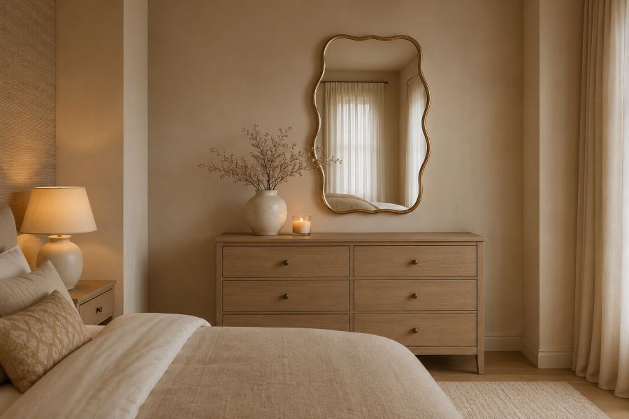 Wavy-edge mirror above beige bedroom dresser