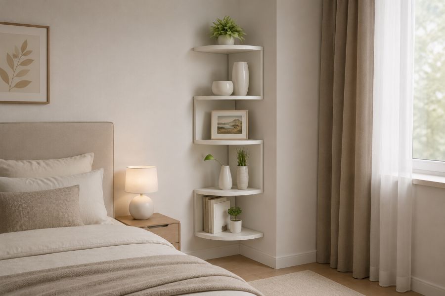 White corner shelves for modern beige interior