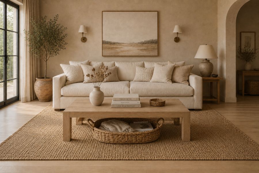 Wicker basket under beige living room coffee table
