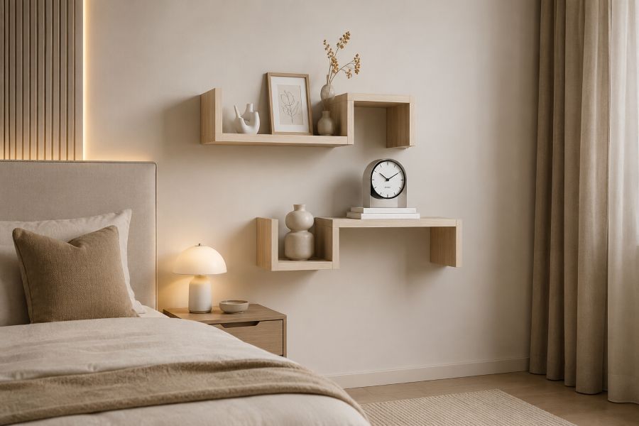 wooden geometric corner shelves for modern bedroom