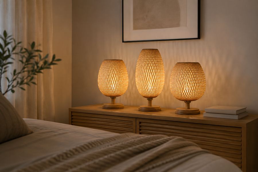Woven bamboo lantern table in bedroom decor
