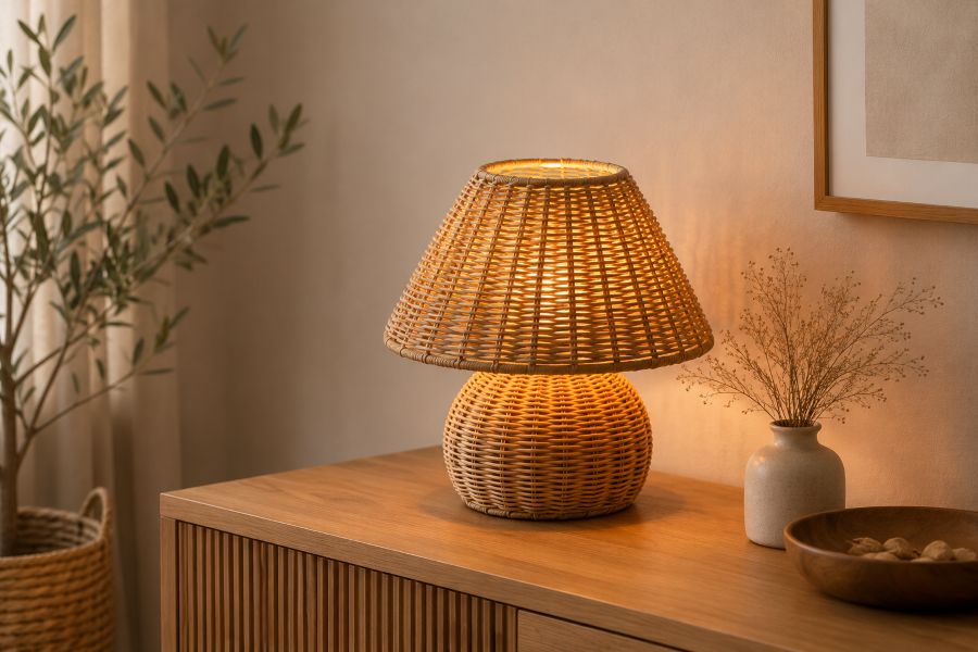 woven rattan table lamp with warm glow for beige home accent