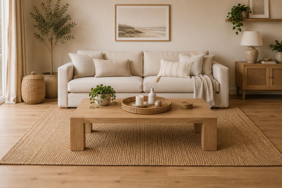 Woven rattan tray objects with neutral decor