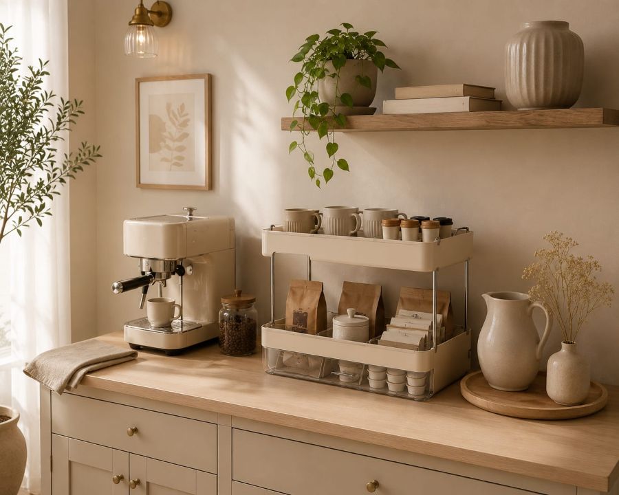 2-Tier Beige Coffee Pod Storage Organizer in beige coffee station