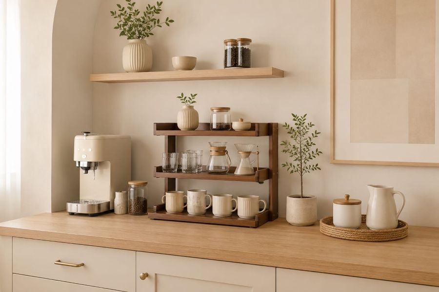 Coffee station ideas with 3-Tier Wooden Coffee Bar Storage Rack