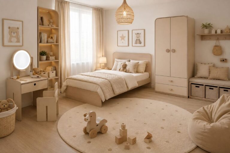 Modern beige kids bedroom furniture ideas for quiet luxury home decor