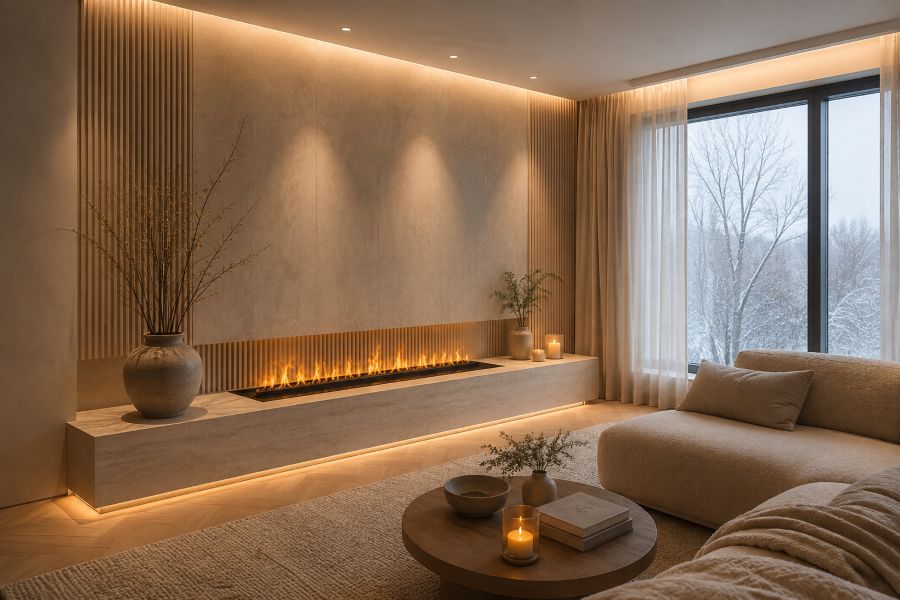 Modern fluted fireplace with fluted wall