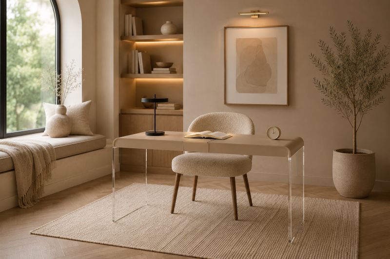 Acrylic waterfall desk in an arched corner