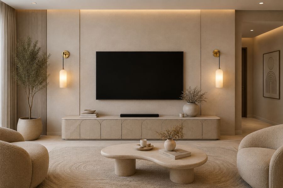 arched panel console with brass pendant light for beige tv wall ideas