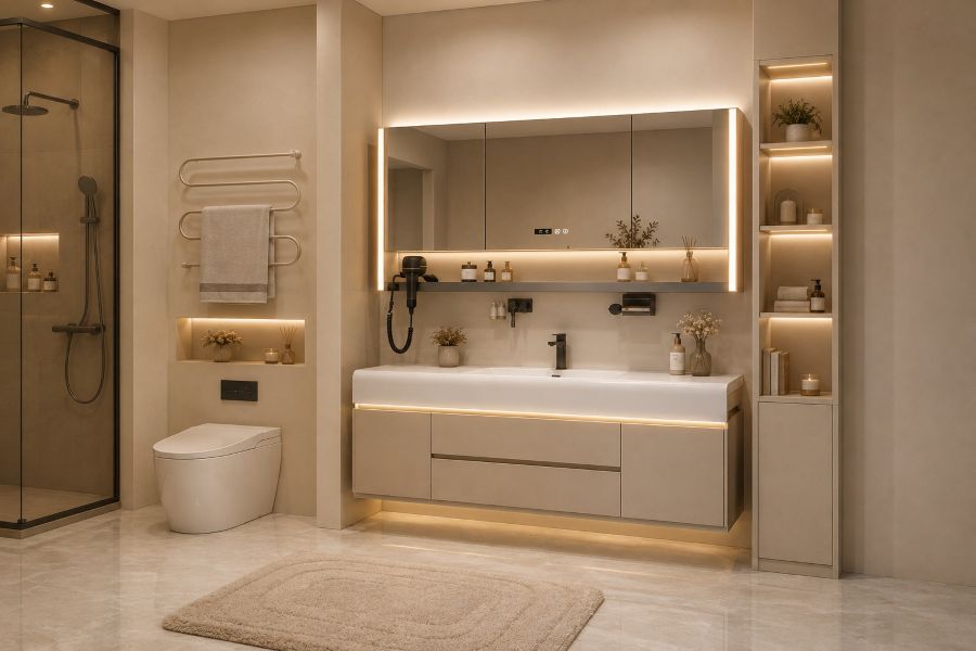 Modern beige bathroom vanity with shelves and storage