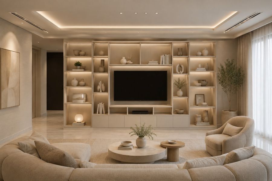 Built in Backlit Wall Unit with TV Console and shelves