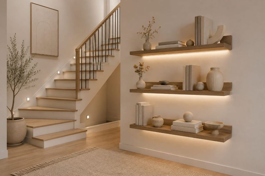 Install Backlit Floating Shelves for beige staircase decor