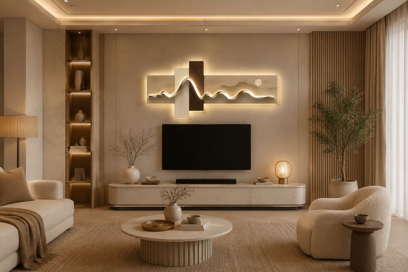 Backlit mountain landscape wall art above beige TV wall ideas