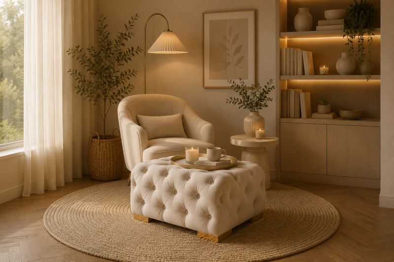 Barrel chair with tufted ottoman tray nook