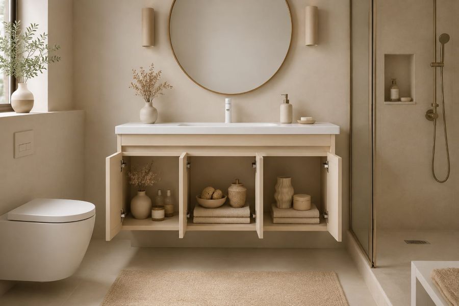 modern beige bathroom with floating cabinets