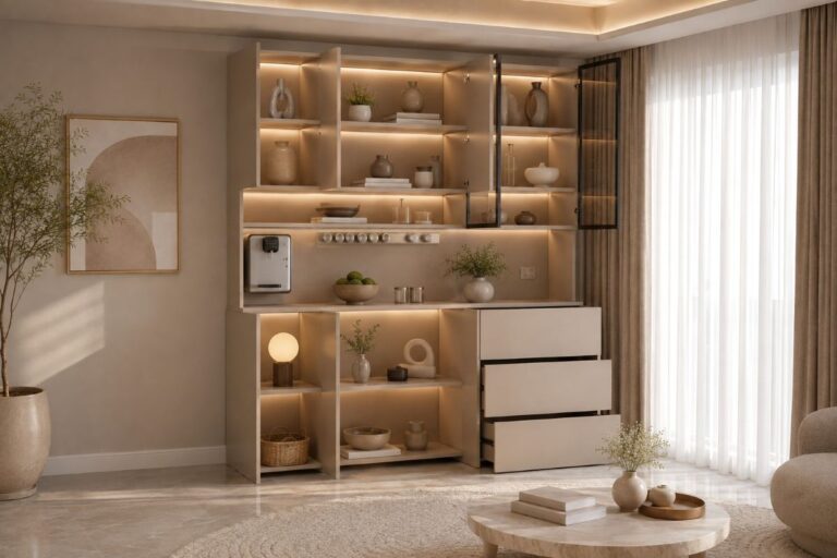 Modern beige built in shelves ideas for luxury interior