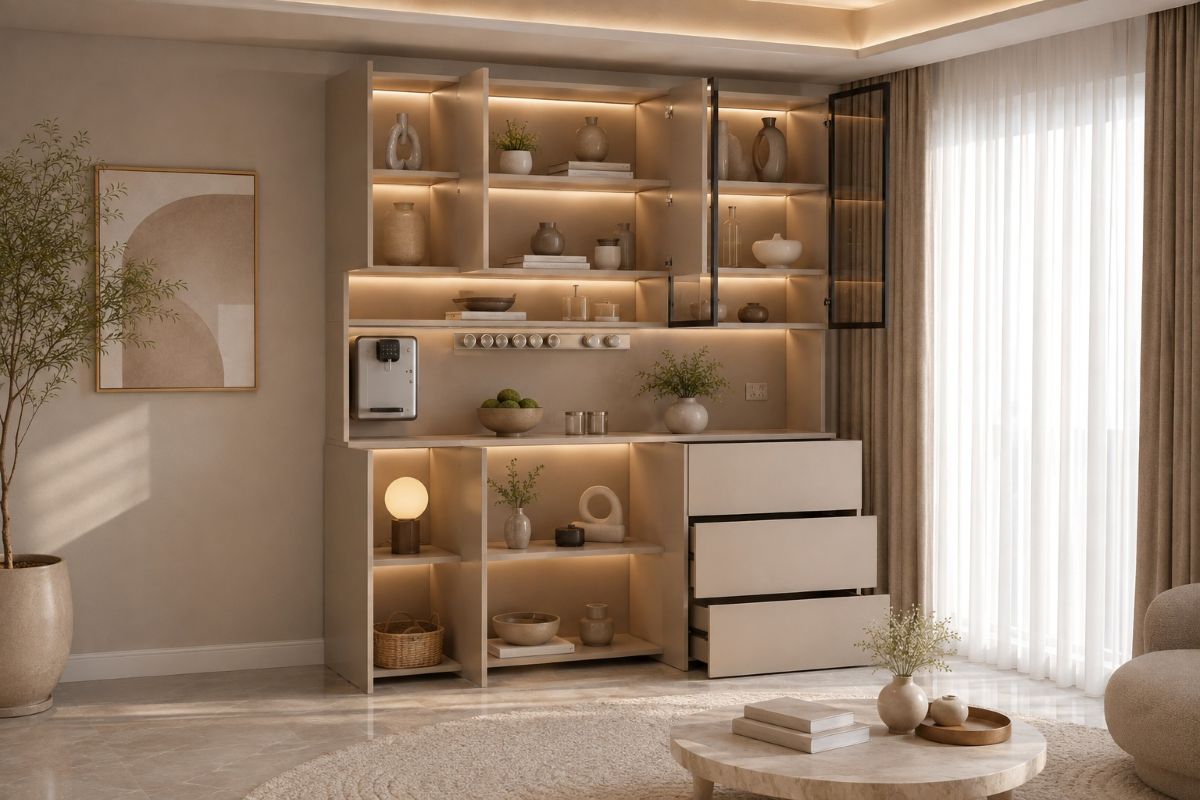 Modern beige built in shelves ideas for luxury interior