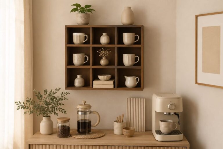Modern beige coffee station ideas for quiet luxury interior and beige home decor