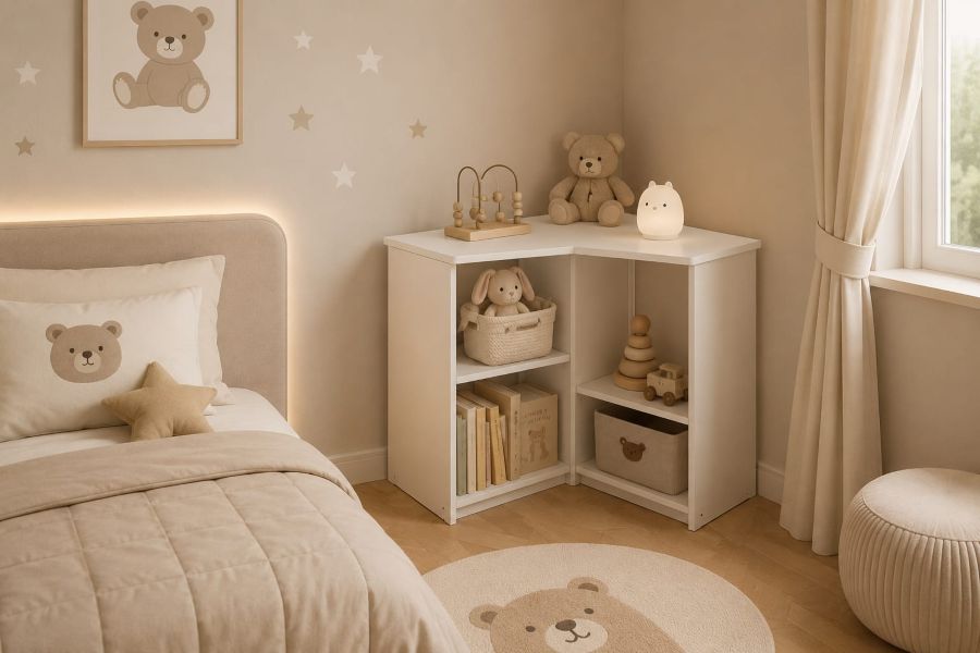 Modern built in corner shelves for kids bedroom interior