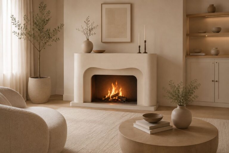modern beige fireplace mantel for quiet luxury home decor