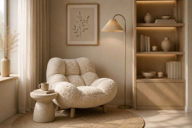 Modern beige reading nook essentials for cozy reading nook ideas