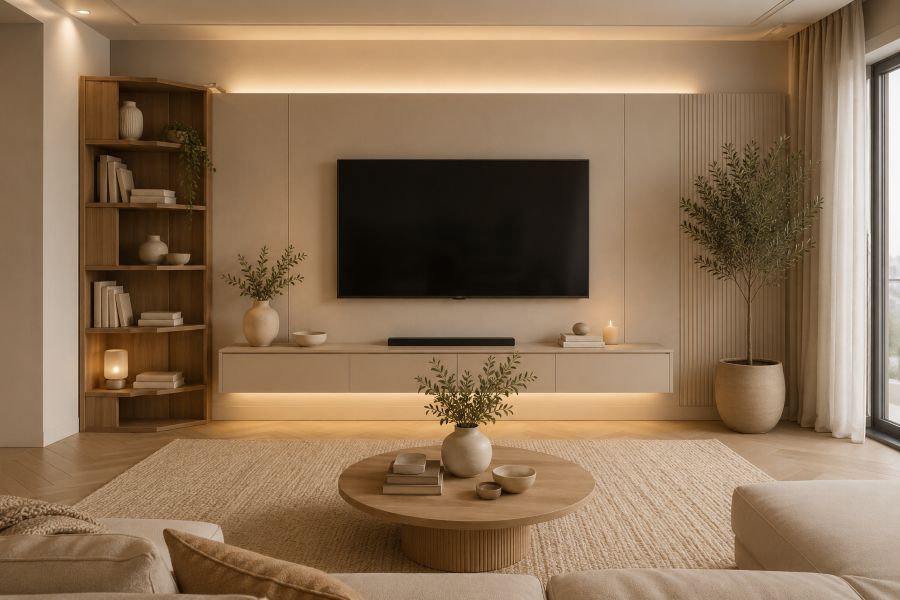 beige tv wall idea with corner wooden bookshelf