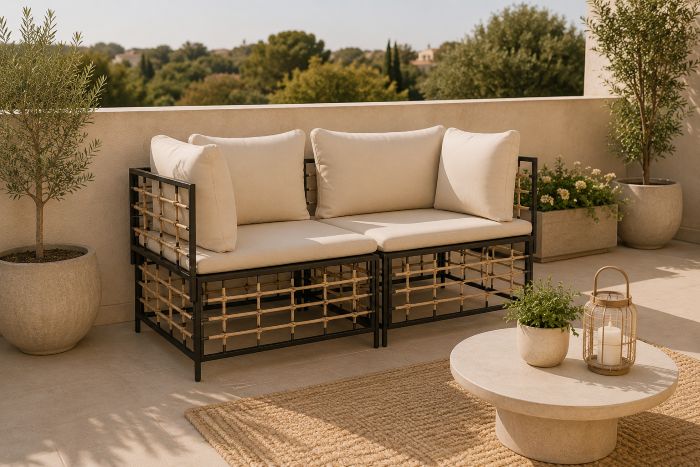 Black Metal-Frame Loveseat with Rope for Beige Terrace Decor Ideas