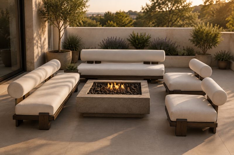 beige terrace furniture featuring concrete fire pit with modern sofas