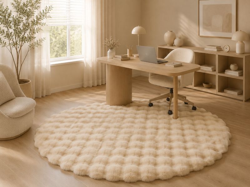 Modern beige home office decor ideas with bobble textured rug