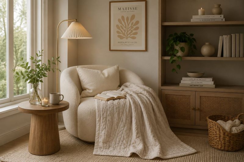 boucle chair with beige quilted throw pillow for modern reading nook