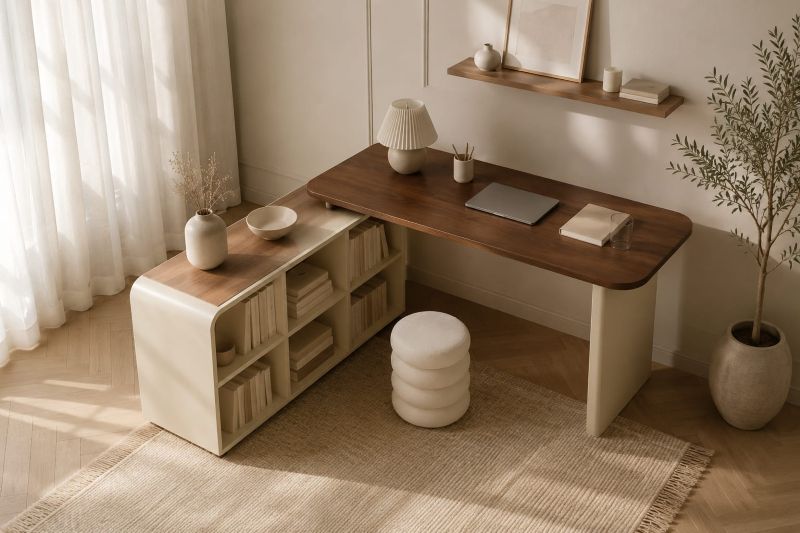 Built in book corner shelf with desk for modern home