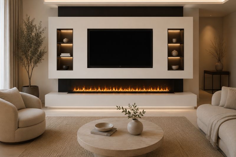 Luxury built in media wall for beige home decor