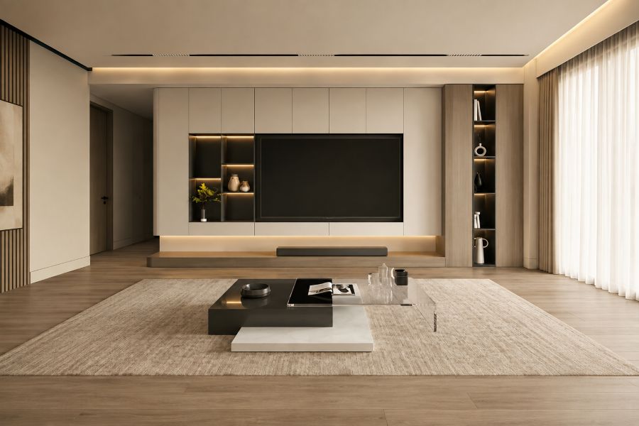 Built-In Media wall with layered coffee table design