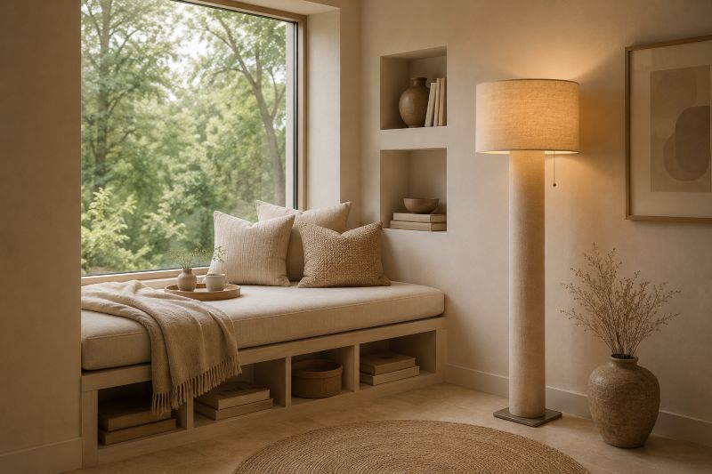 Modern beige floor lamp for reading corner with storage space