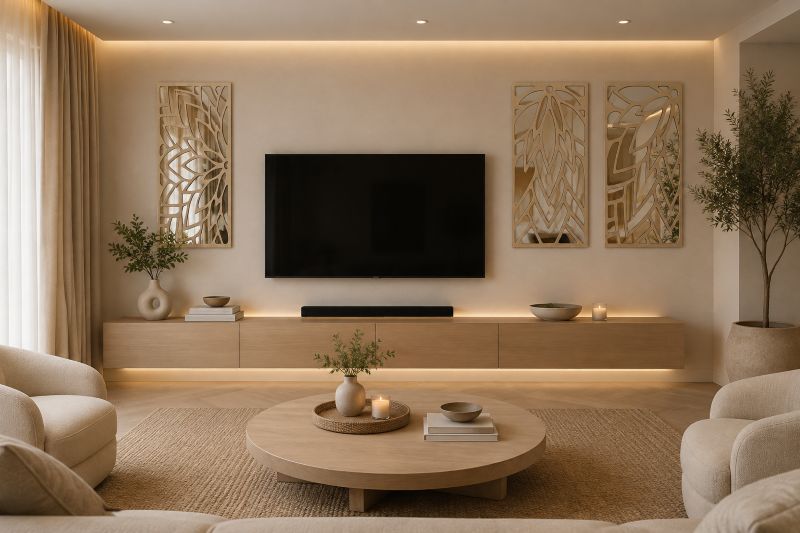 Carved wood mirror panels TV wall decor for modern interior