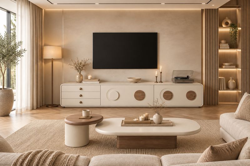 Circle-Detail cream console with duo oval coffee tables