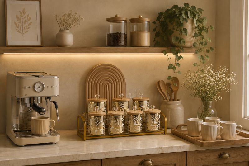 Coffee Bar Canister Set with Gold Rack for modern interior