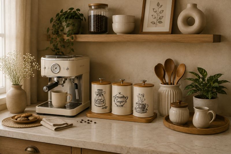 Coffee Sugar Tea Ceramic Canister Set with Wooden Lids for beige coffee station