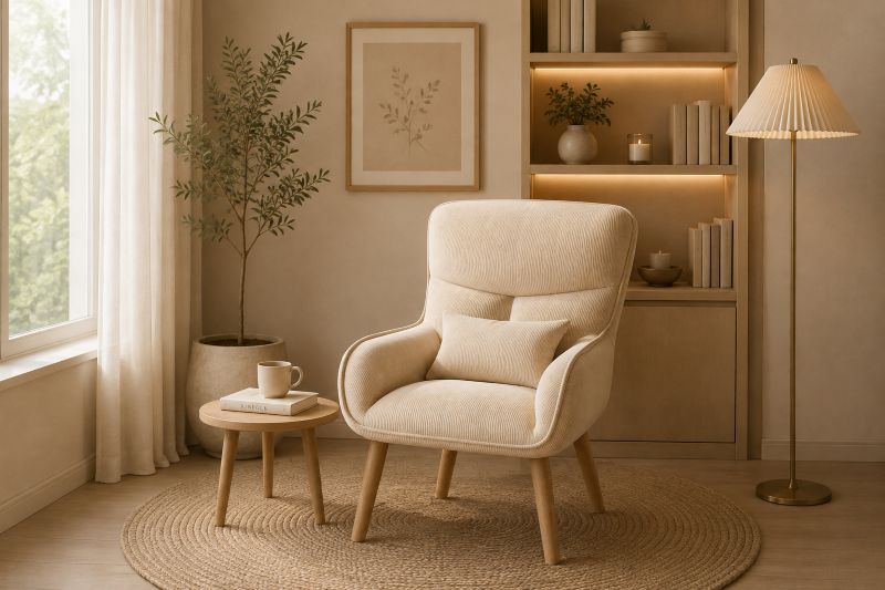 Corduroy armchair with olive tree reading corner