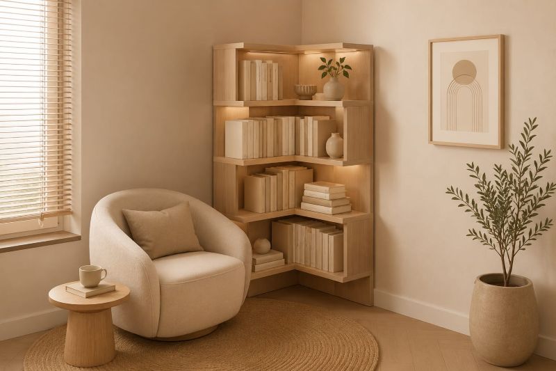 Corner Bookshelf with Boucle Chair Reading Nook and other essentials