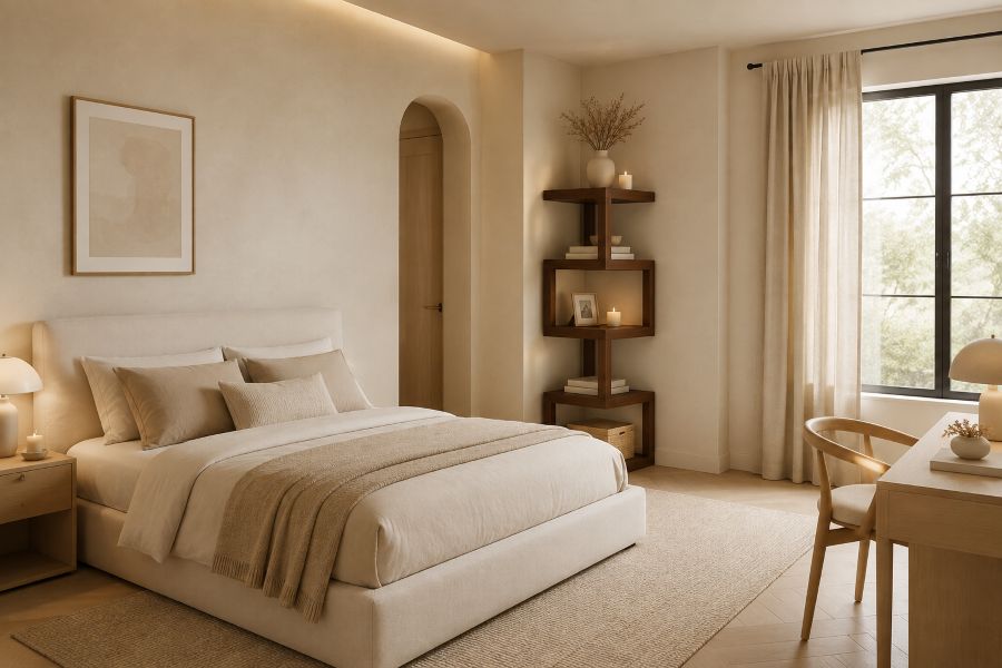 Dark wood shelves for beige bedroom interior