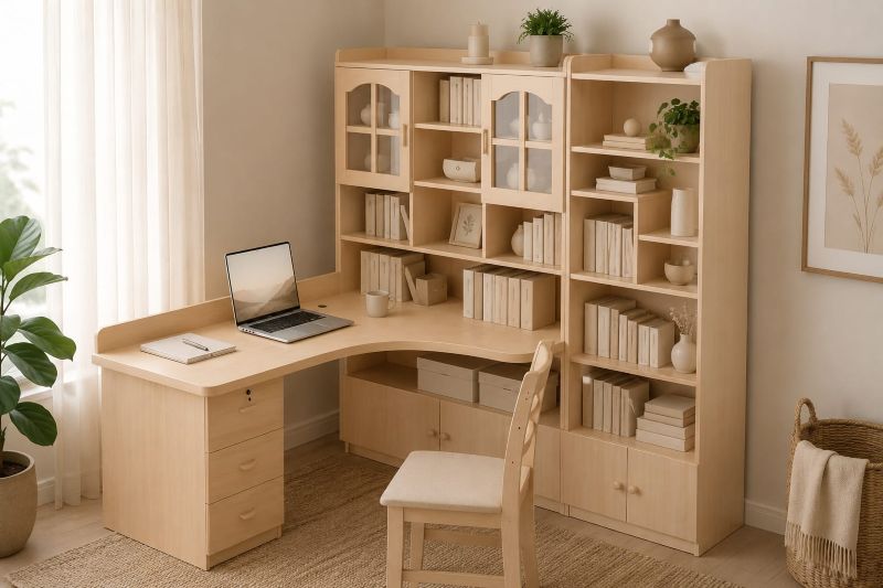 Natural wood desk with built in shelves