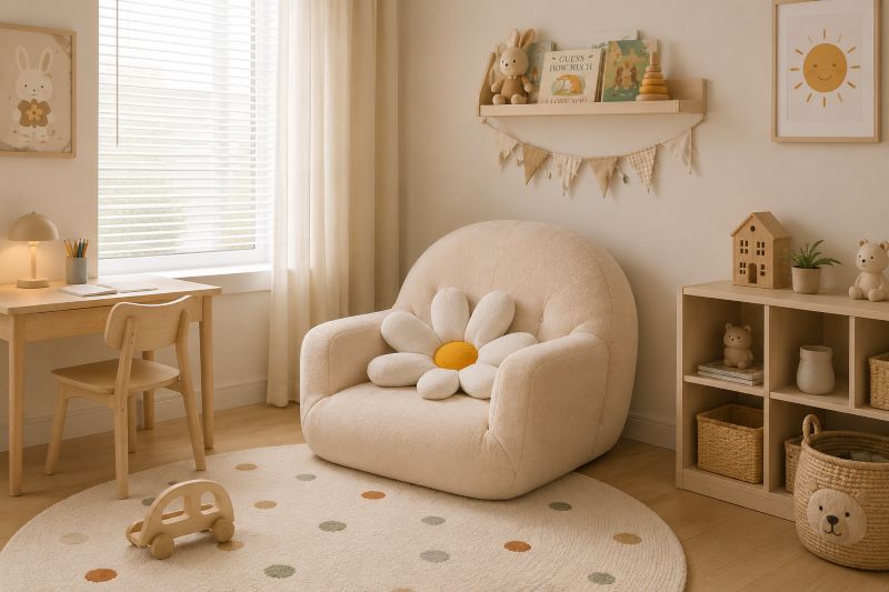 Cozy Boucle Kids Armchair with Daisy Cushion for beige kids bedroom